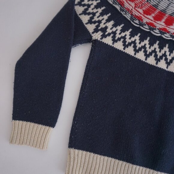 Roots Navy Red Cottagecore Knit 50% Wool Fisherman Fair Isle Crewneck Sweater XS - Picture 11 of 13